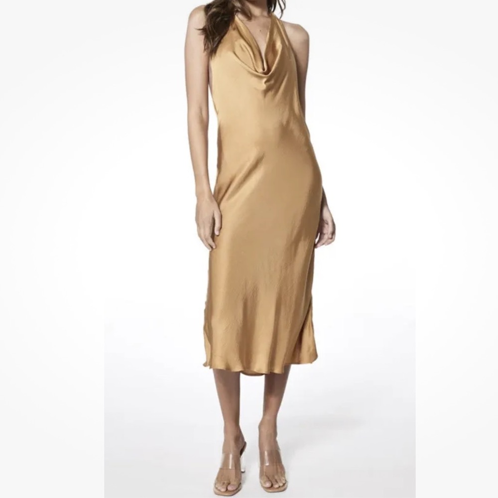 Young Fabulous & Broke Women’s Rebel Satin Halter Dress- Size S- Gold- NWT